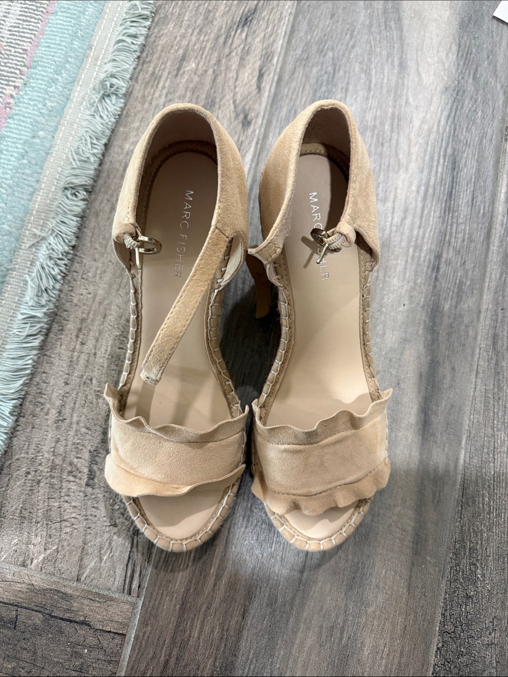 Marc Fisher Tan Suede Ruffle Espadrille Wedges